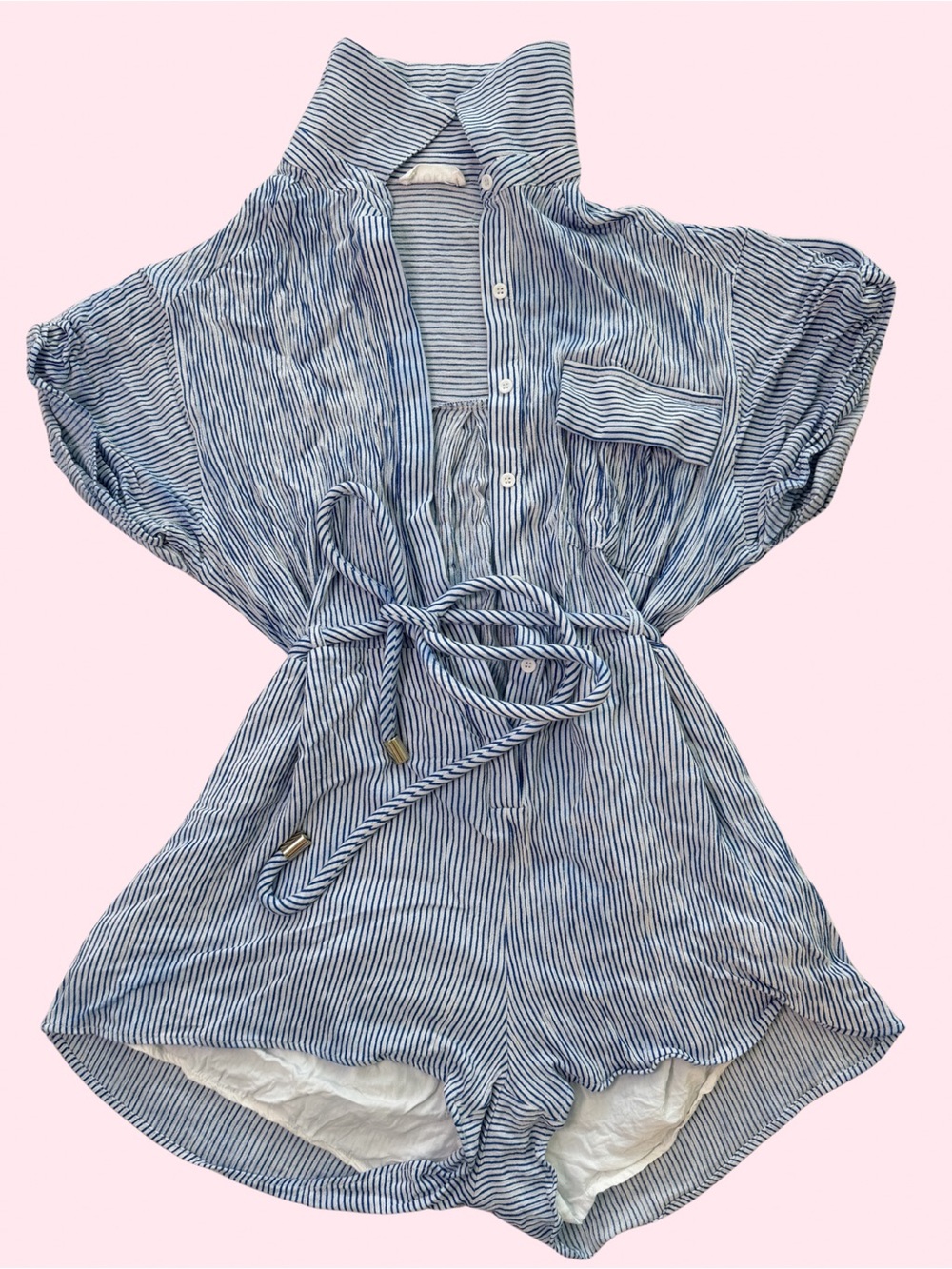 Storia Blue and White Striped Short Sleeve Romper with Tie Waist